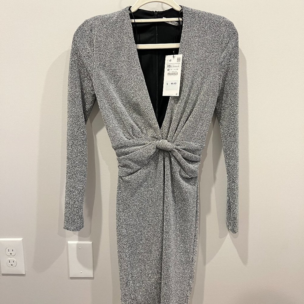 Zara, XS Glitter/Gray/Silver Long Sleeve Mini Dress